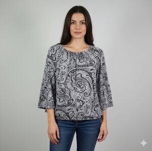 Michael-Michael Kors Women's Blue Oversized Paisley Print Kimono Sleeve Top XS🐈